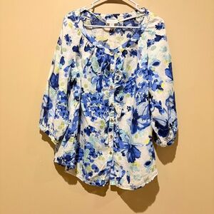 Charter Club Blue Floral  linen button front Blouse size 1X